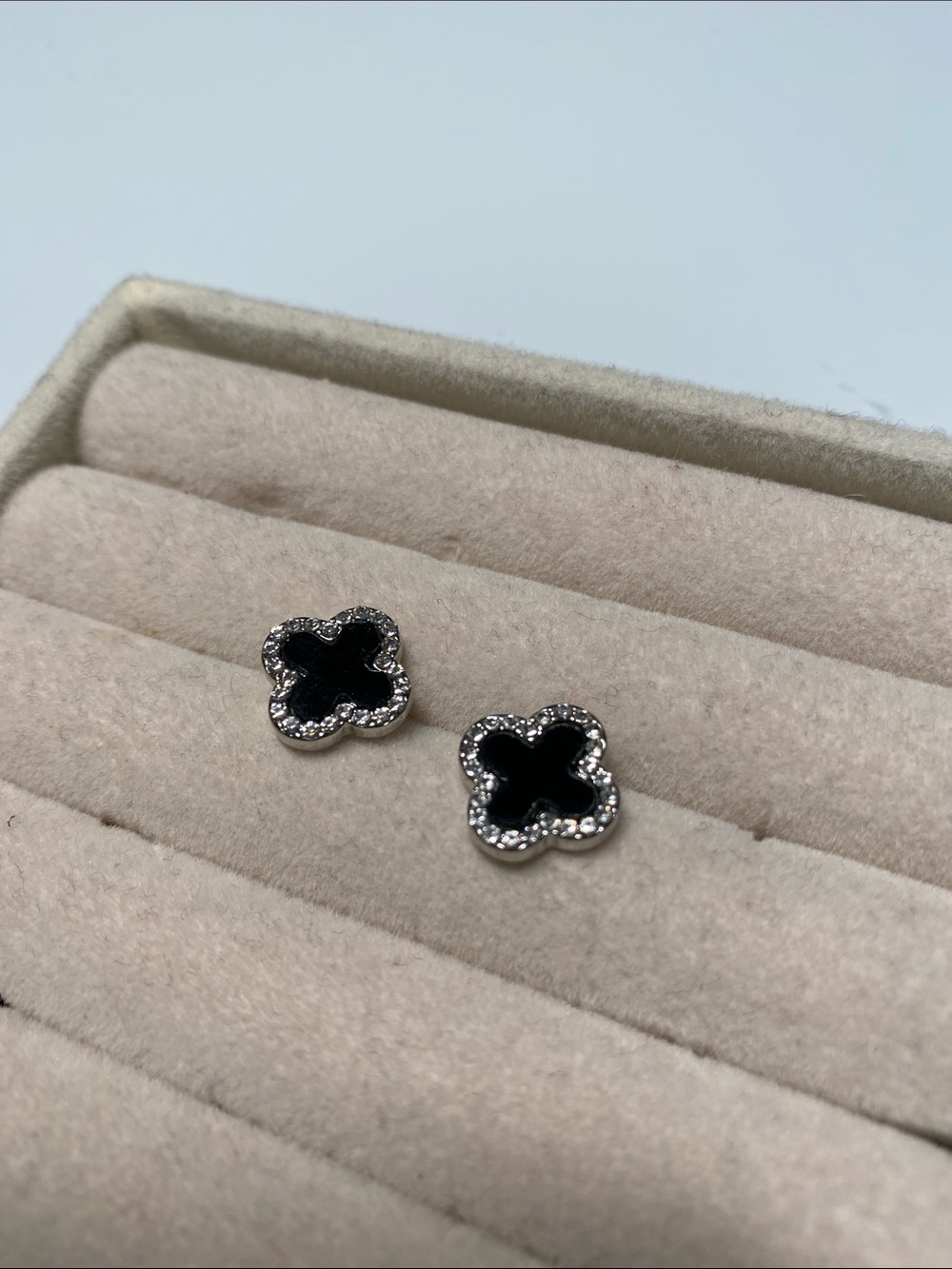 Van Cleef & Arpels Black Onyx Clover Stud Earrings with Diamond Halo